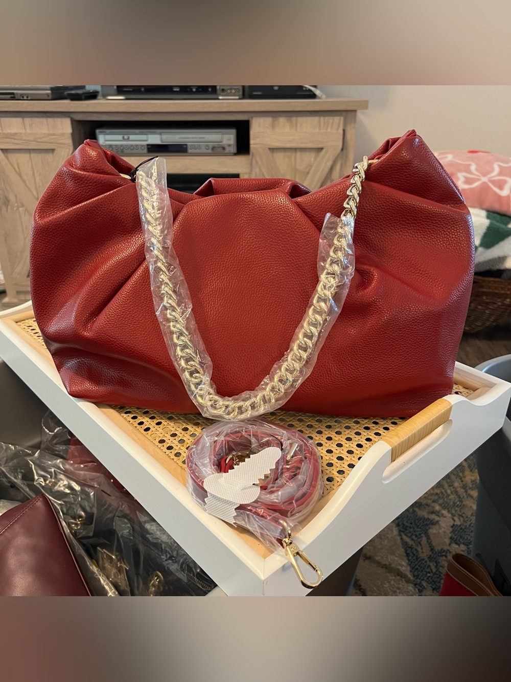 Red Women's Shoulder Bag with Gold Chain Strap